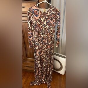 Maternity Maxi Multicolored Sheath Long Sleeve Crew Neck Dress, size medium